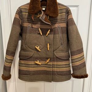 RRL Shearling-Lined Striped Woven Peacoat Sz M $1050 Brown/Olive Double RL